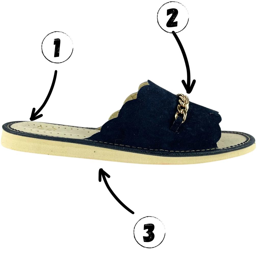 Navy blue women's slippers with a chain on the upper, comfortable home slippers 42