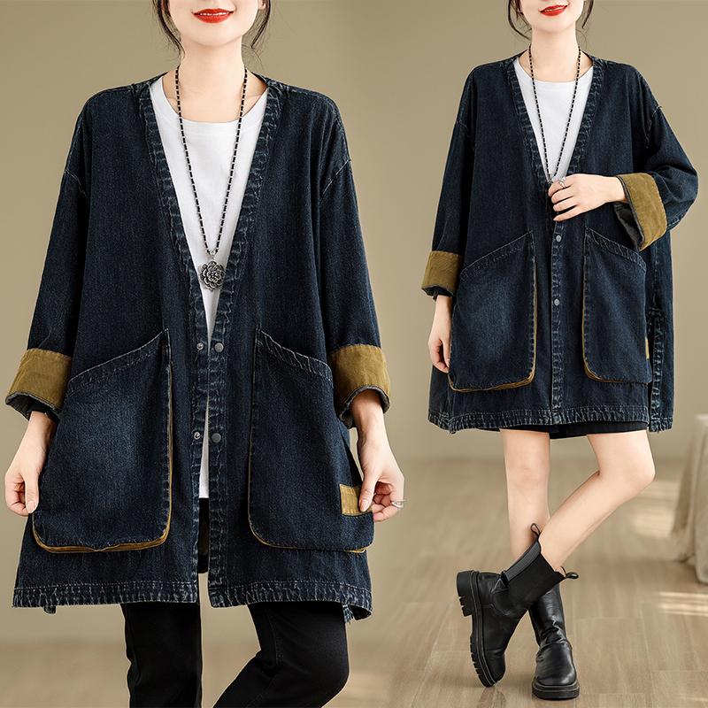 Stylish V-neck Vintage Large Pocket Loose Fit Jacket for Women