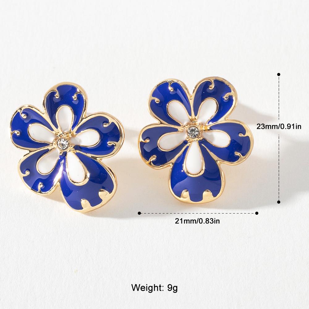 Pinkdudu New French Vintage Court Blue Flower Enamel Brooch 925 Silver Needle Stud Earrings for Women Jewelry PD1010