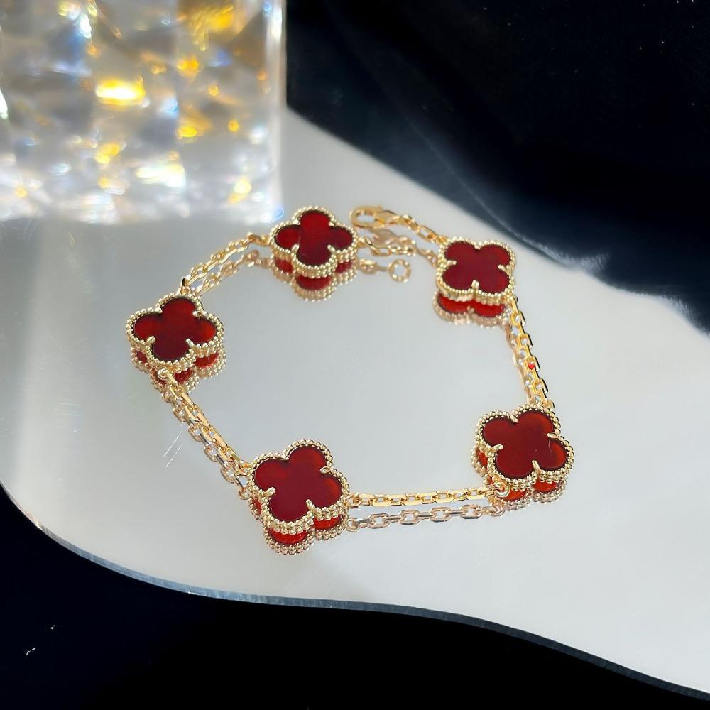 Браслет «Четырехлистный клевер» с пятью цветками, версия High, натуральный фиолетовый халцедон, лазерная CNC-резьба, 18 карат, не тускнеющий, женский браслет