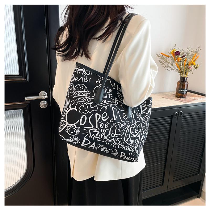 Сумка из холста с граффити, женские сумки 2025 года, новая повседневная сумка через плечо, универсальная сумка-тоут большой вместимости для студентов и школьников