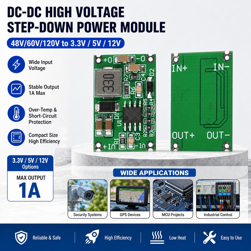 Mini DC-DC Buck Converter 48V 60V 120V to 3.3V 5V 12V Step-Down Power Module with Over Temperature Short Circuit Protection
