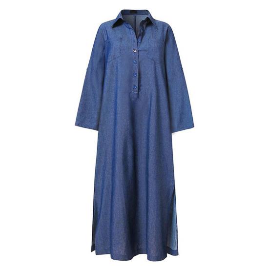 Осень-весна женское платье однотонное свободное джинсовое платье с отложным воротником с длинным рукавом до щиколотки и пуговицами с разрезом подол плюс размер богемное повседневное платье макси