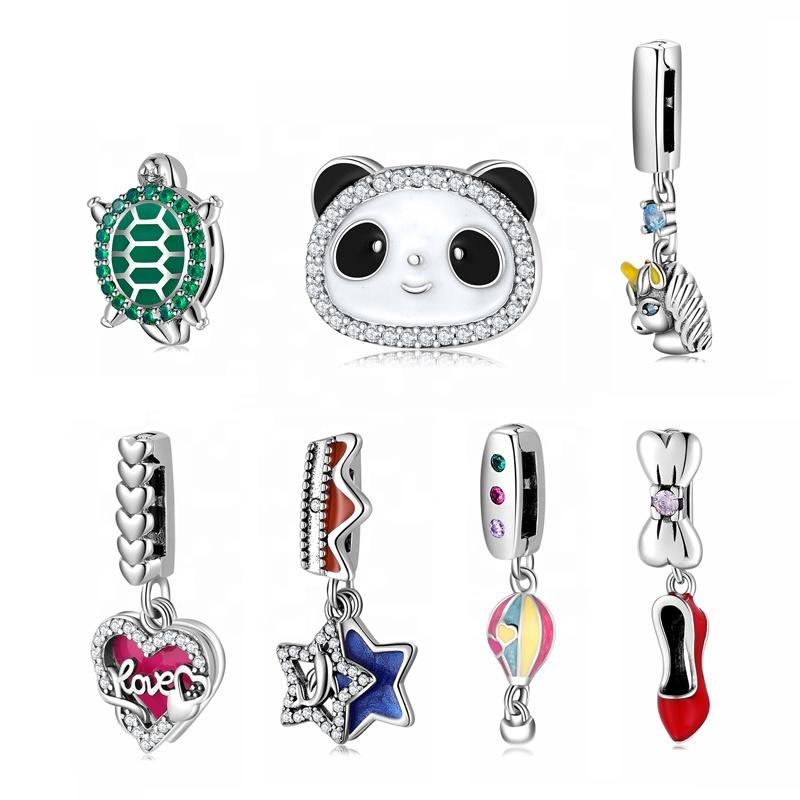 Designer Charms 925 Sterling Silver Tortoise Panda Unicorn Clip Beads with Clear CZ Bead Charms for Reflection Bracelet Jewelry