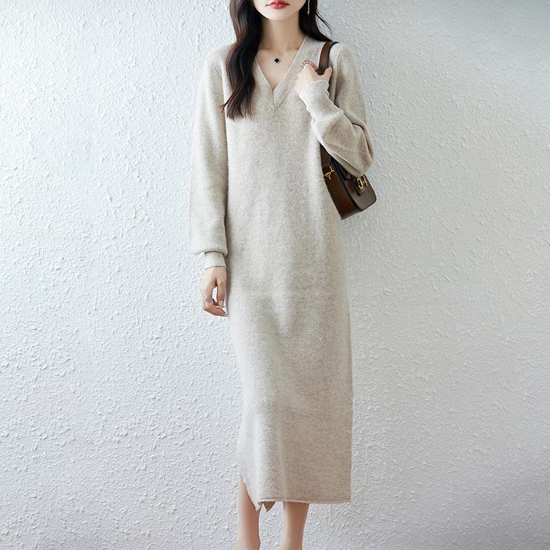 Женское платье-свитер 100% шерсть MODERN NEW SAGA V-образный вырез трикотажный длинный пуловер зимние джемперы шерстяное длинное платье женское