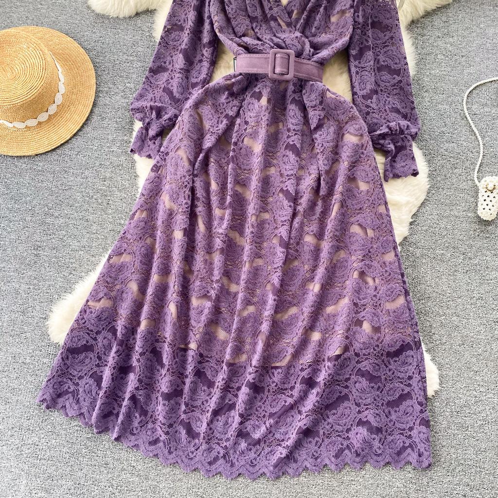 Новые женские фиолетовые кружевные рождественские вечерние платья с v-образным вырезом, винтажное платье до середины икры с длинным рукавом и поясом