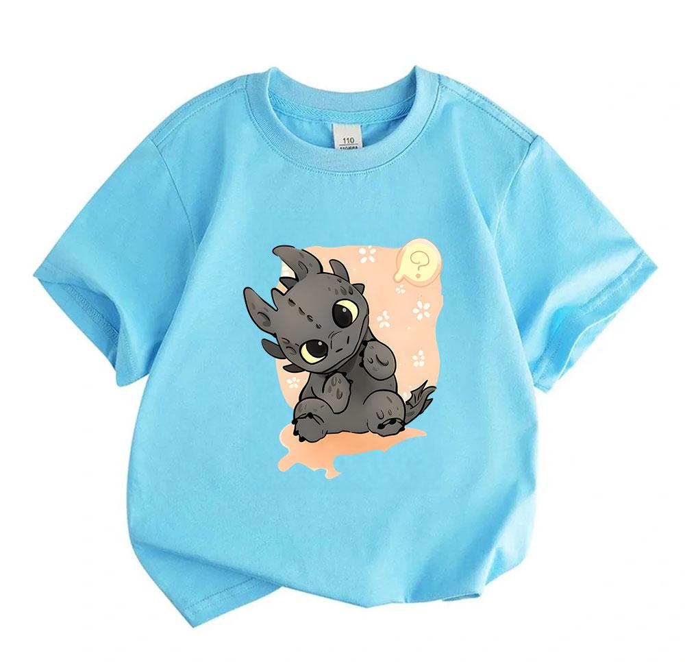 Kids Boys Girls 100% Cotton Crew Neck Short Sleeve T-Shirt, Cute Confused Cartoon Black Dragon Print Casual Soft Breathable Tee for Daily Wear