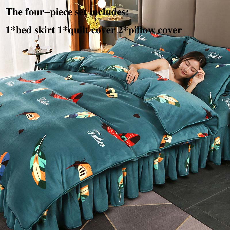 Костюм из четырех частей из молочного бархата плюс утепленное бархатное мягкое приятное для кожи постельное белье. Двусторонняя бархатная юбка-кровать устойчива к грязной зиме.