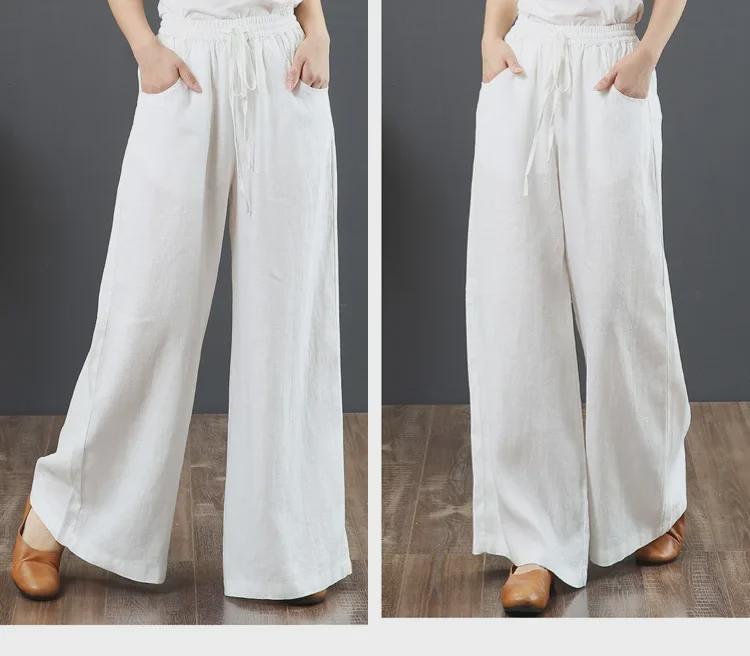 Женские брюки с высокой талией из хлопка и льна с широкими штанинами - Свободный крой, Большой размер, Длина в пол