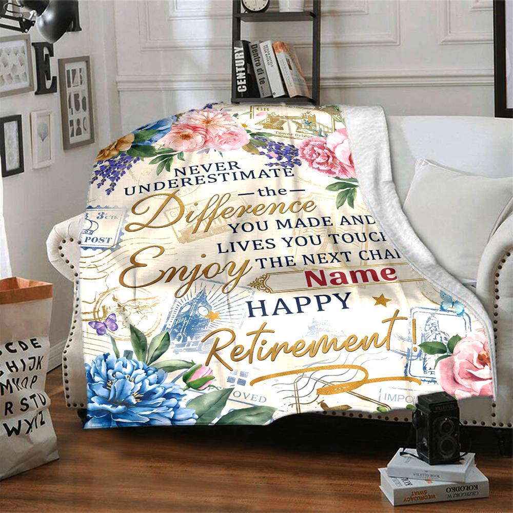 Retirement Celebration Floral Theme Blanket Personalized Name Soft Warm And Versatile For Sofa Bed Office And Travel Machine Washable Comfortable In