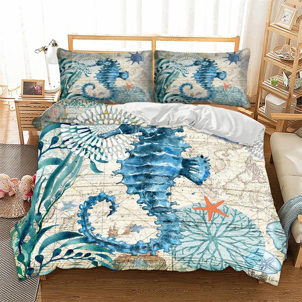 3D Seahorse Duvet Sets Free Shipping Marine Mediterranean Style Bedding Set Teal Ocean Comforter Cover Kid Double Bed Set