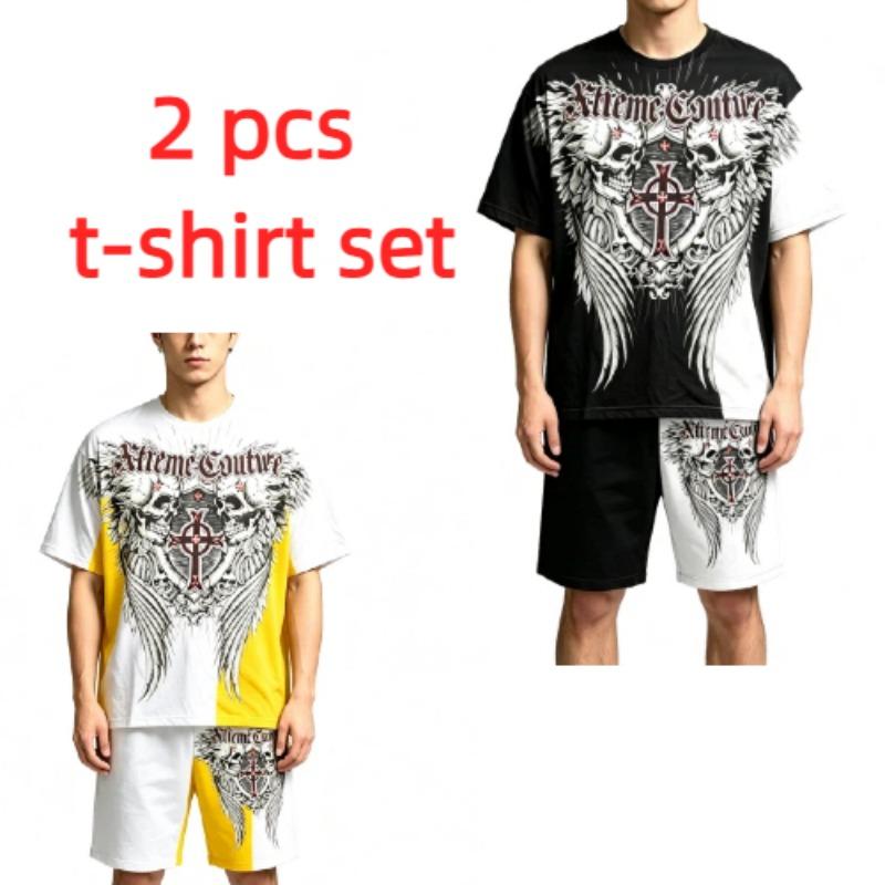 Summer Fashion Casual Retro Skull Angel Wing Printed Round Neck Short Sleeved T-Shirt And Shorts Set Men's and Women's T-shirt Shorts Set