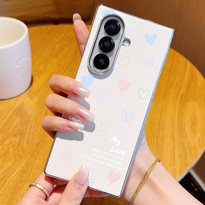 Colorful Hearts Pattern PU Leather Phone Case For Samsung Galaxy Z Fold 7 6 5 Fold7 Fold6 Fold5 Plating Frame Hard Folding Cover