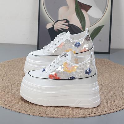 Мода 10 см Воздушная сетка Микрофибра Кожа Мода Летние Массивные Кроссовки На шнуровке Высокий Бренд Удобные Ботильоны Блестящая Обувь Женская