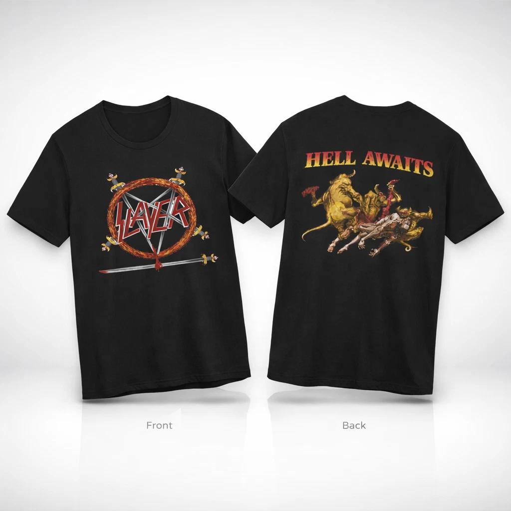 Футболка Slayer Hell Awaits Черная Футболка Хэви-метал группы Принт спереди и сзади