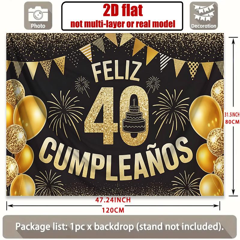 Happy 40th Birthday, 1pc Polyester Party Backdrop Banner, Photo Booth Background, Wall Decor
