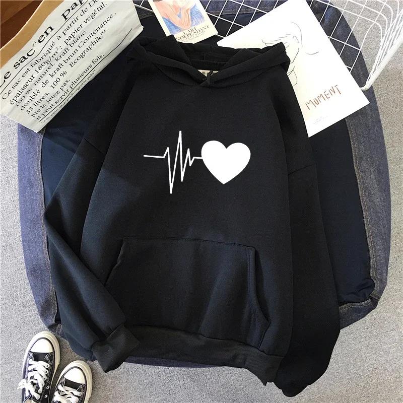 Женская Толстовка с Капюшоном Повседневная Мода Принт Сердце Худи Женские Домашние Уличные Удобные Теплые Пуловеры Повседневные Спортивные Свободные Худи Топ