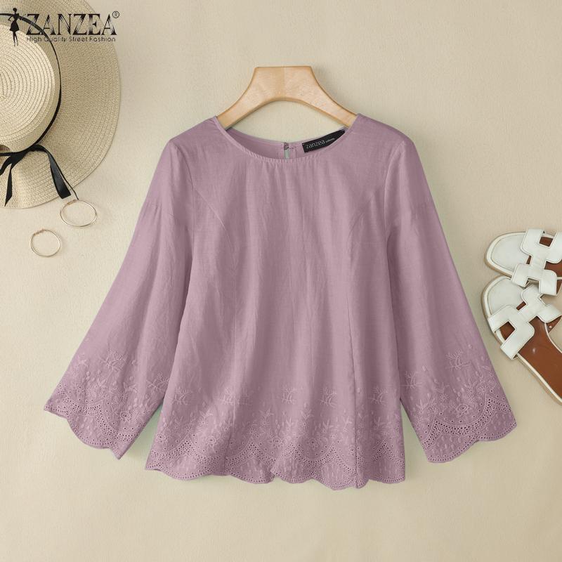 ZANZEA Женская повседневная блузка с круглым вырезом, рукавом 3/4, свободного кроя, с вышивкой