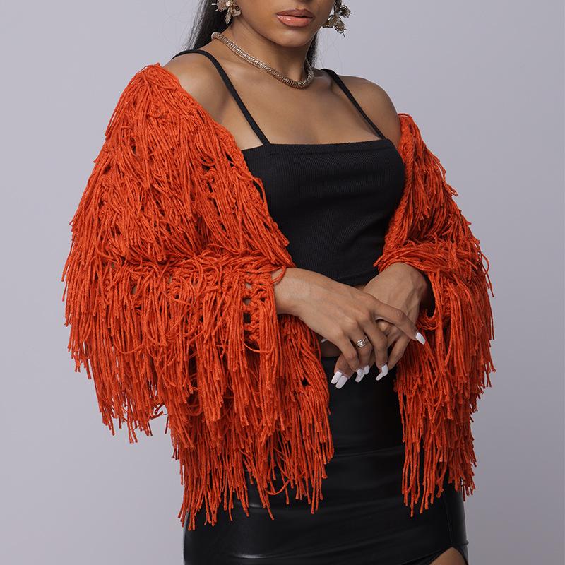 Spring Hand-Knitted Tassel Open Knit Cardigan Sweater - Women's European & American Style
