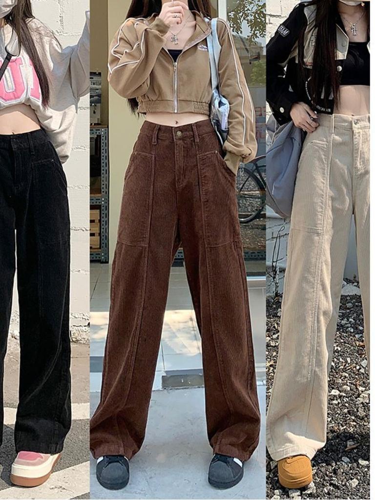 Вельветовые брюки в стиле ретро, ​​коричневые, осенне-зимние, широкие брюки-«ножи» для женщин, высокие, с высокой талией, длинные леггинсы.