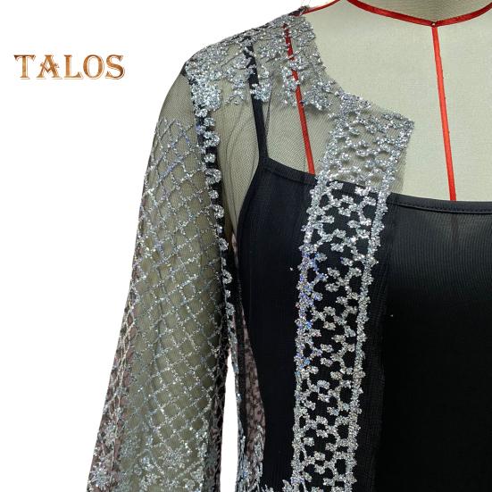 2 Pcs/Set Women Evening Dress Big Swing Shiny Bronzed Cardigan Slip Dress Set See-through Mesh Long Sleeve Coat Cocktail Events Special Occasions