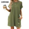 Women's Spring and Summer New Solid Colour Round Neck Pocket Loose Short-sleeved Dresses