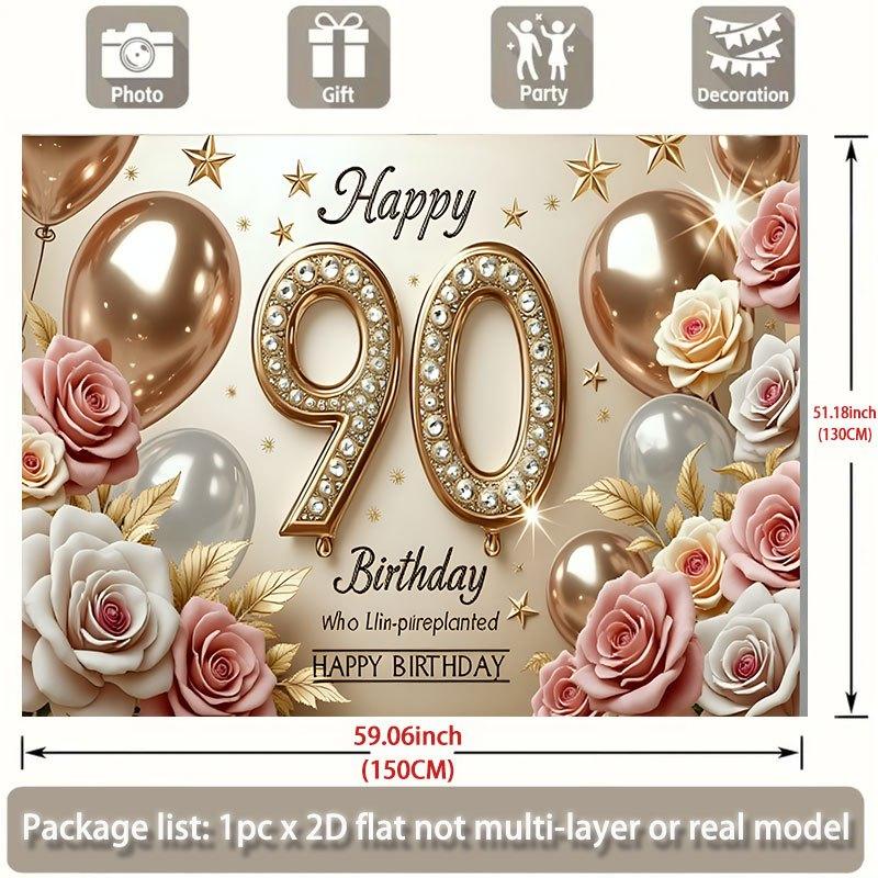 90th Birthday Party Backdrop Polyester Banner Photo Booth Decoration