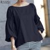 ZANZEA Womens Round Neck 3/4 Sleeve Solid Irregular Casual Loose Blouse