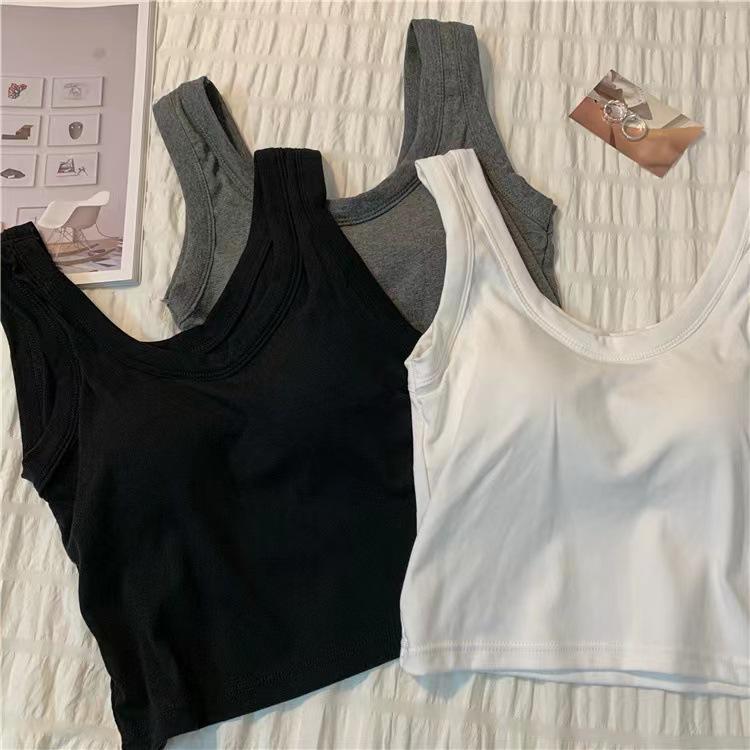 Korean Style Pure Cotton Camisole Vest Fixed Cup with Chest Cushion Sleeveless Short Top for Wearing on The Outside and On The Inside