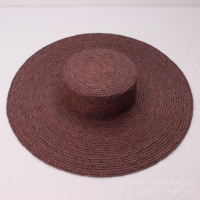 Spring and summer new flat top brown raffia big eave hat women's sunshade rough edge beach straw hat