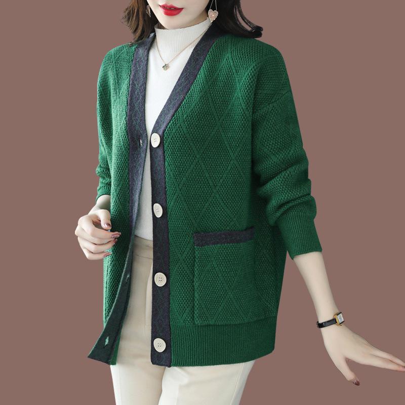 Вязаный кардиган Женский свитер-жакет Весна и осень Свободный свитер с V-образным вырезом Топ