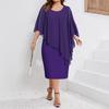 Women's Plus Size Solid Color Bat Sleeve Round Neck Chiffon Shawl Slim Knee-length Dress