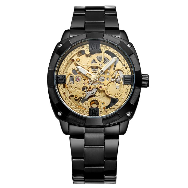 FORSINING Automatic Men Watch Luxury Gold Tone Classic Cushion Case Steampunk Skeleton Mechanical Male Business Dress Wristwatch