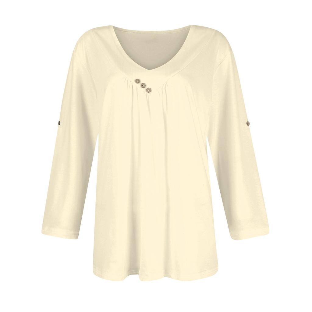 Shirts For Women Trendy V Neck Button T Shirts Casual Solid Color Summer Tees T Shirt Blouse Three Quarter Sleeve Tops For Women