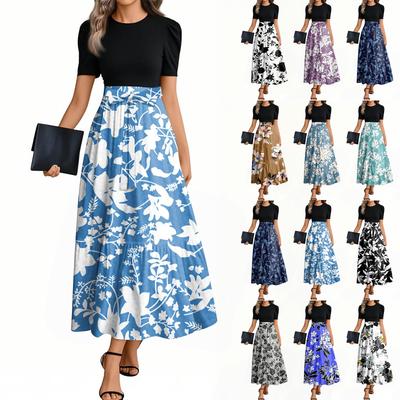 Женские модные повседневные платья с поясом и круглым вырезом с коротким рукавом в цветочек в стиле пэчворк, элегантные платья