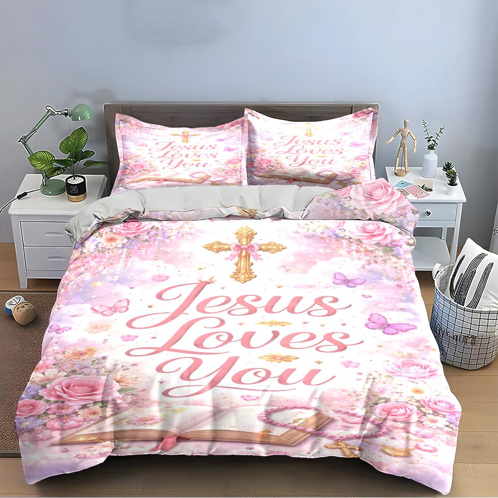 Jesus Loves You Bedding Set Pink Floral Bedding set (1 duvet cover, 2 pillowcases, duvet not included)
