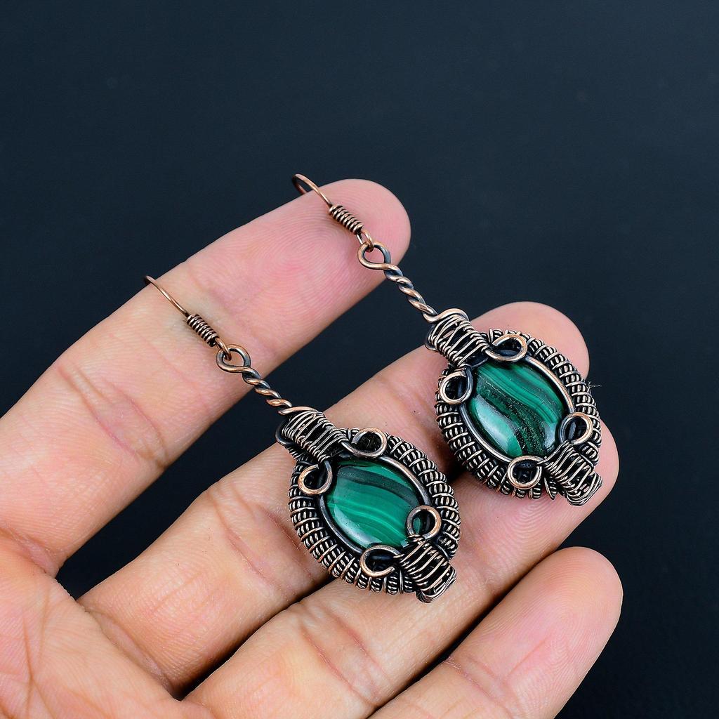 Серьги из малахита, украшения из меди 999 пробы с проволочной оплеткой, подарок для женщин, серьги ручной работы, украшения с драгоценными камнями