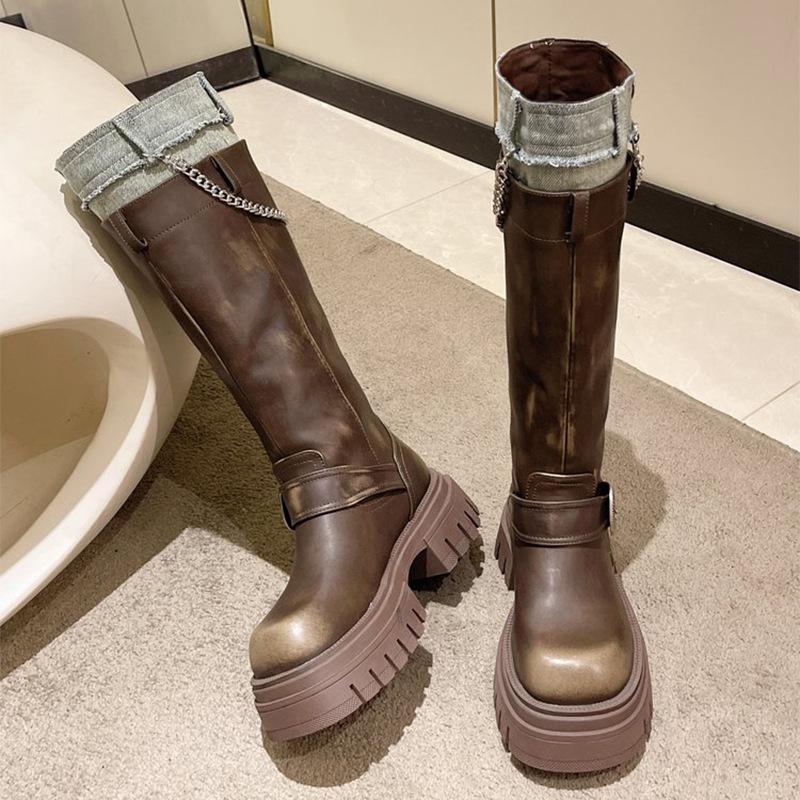 Fashion Platform Women Knight Knee High Boots Fashion Slip On Belt Buckle Long Boots Autumn Winter Women's Thick Heel Shoes