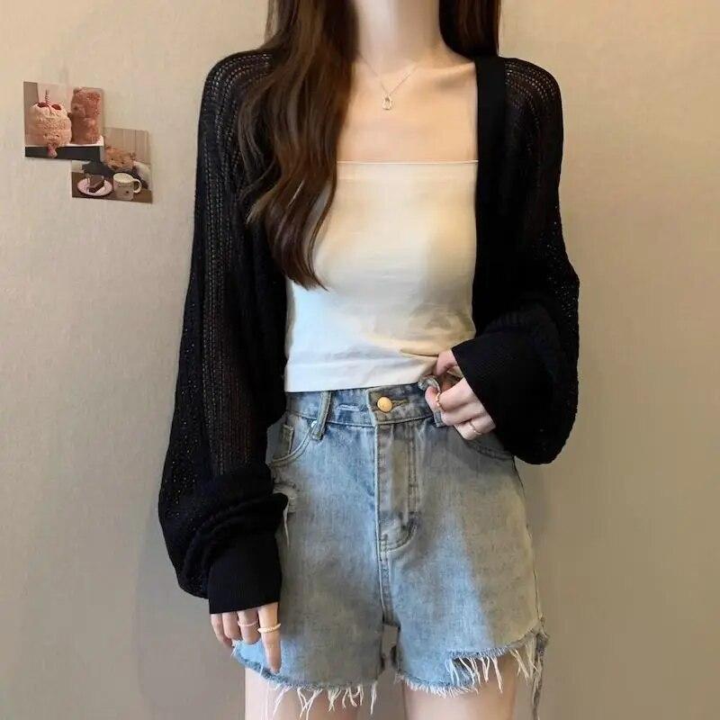 White Hollowed Out Knitted Cardigan Sweet Versatile Women Short Top Loose Shawl Thin Coat New Fashion Commuting Spring Autumn