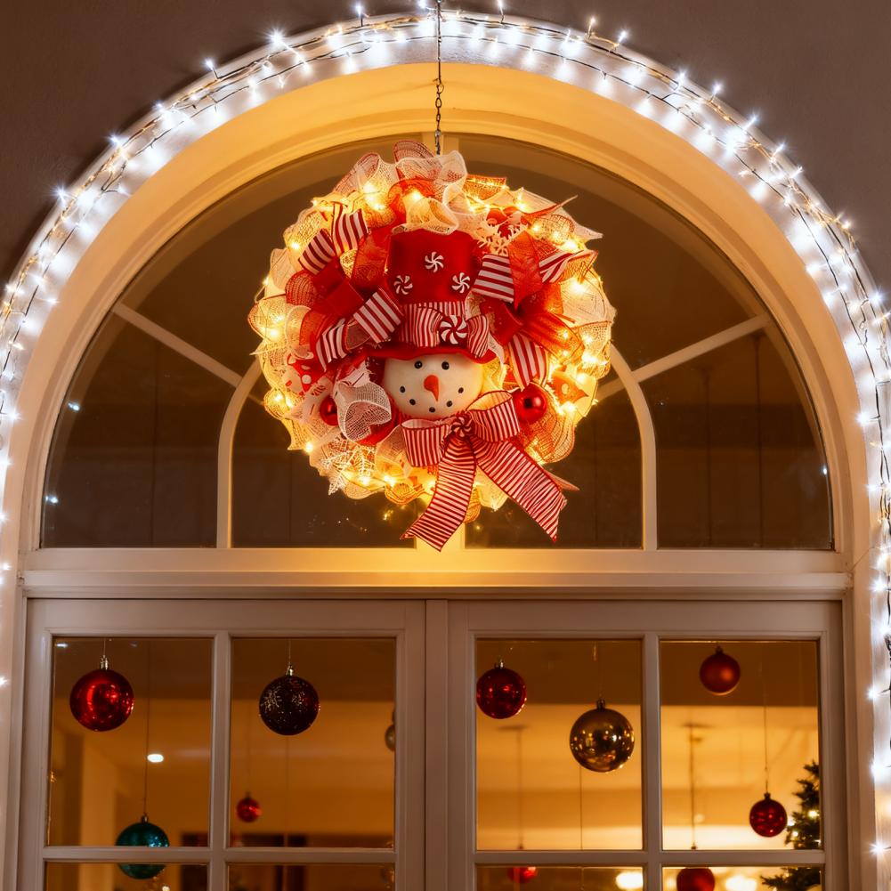 Christmas Wreath with Lights Candy Cane Wreath Festive Snowman Wreath with Light Up Mesh Ribbon Candy for Christmas Wall Decor