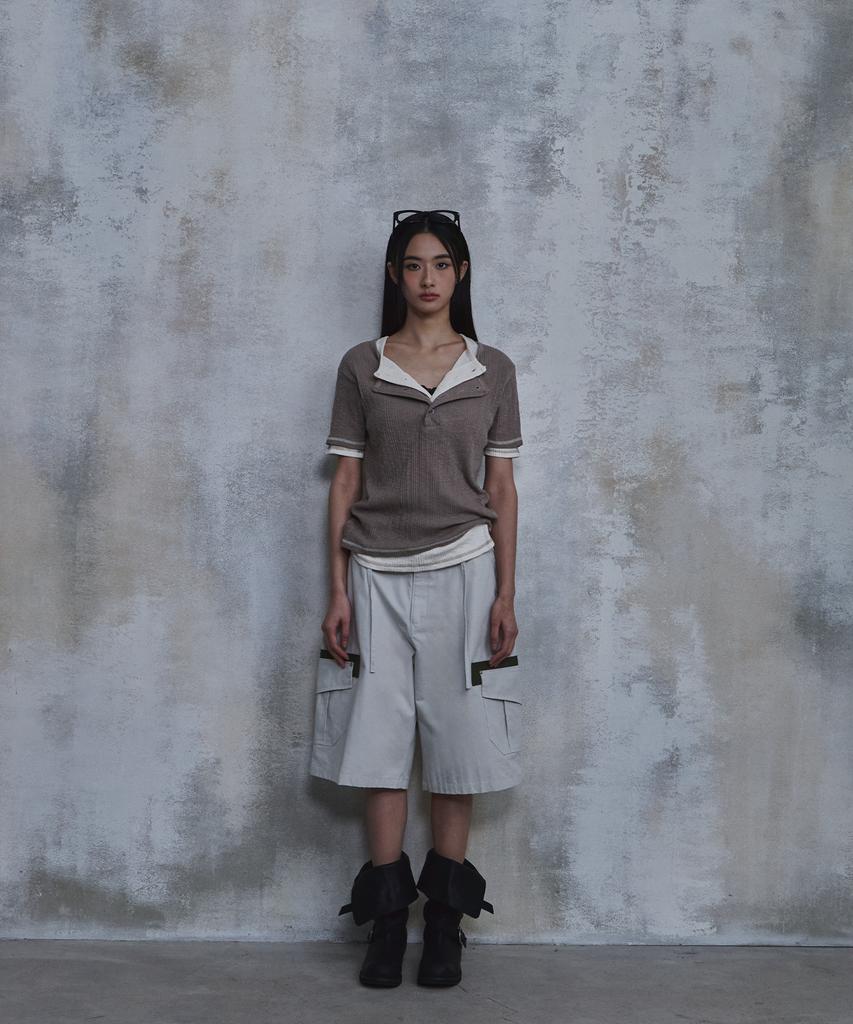 PARADIGMFILM [Ep.02] Slub Layered Henley Neck Knit Top (Beige)
