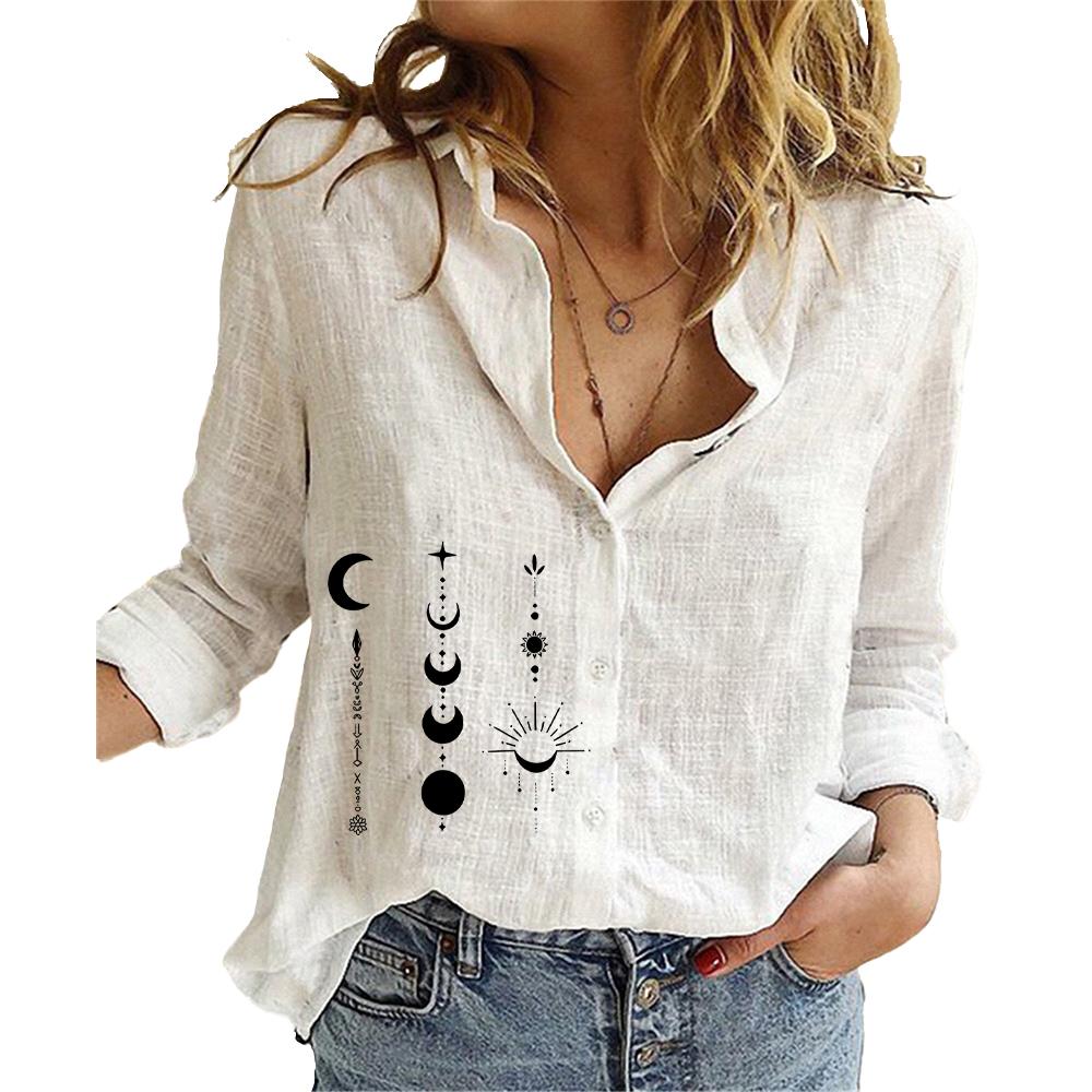 Женская модная блузка с принтом на пуговицах, свободный топ из хлопка и льна, повседневная рубашка с длинным рукавом