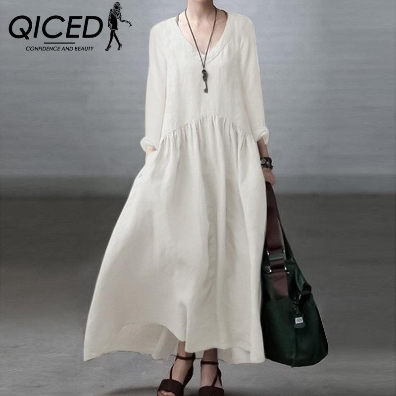 QICED Хлопковое повседневное женское платье с V-образным вырезом и длинным рукавом повседневные платья