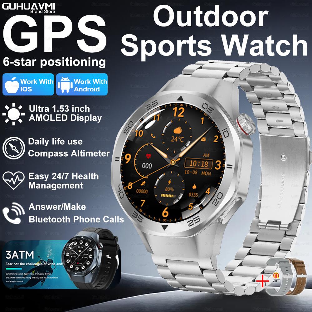 Новые умные часы с GPS-позиционированием для мужчин, 1,53-дюймовый AMOLED HD-экран, компас, датчик сердечного ритма, водонепроницаемость 3ATM, звонки, спортивные, деловые умные часы