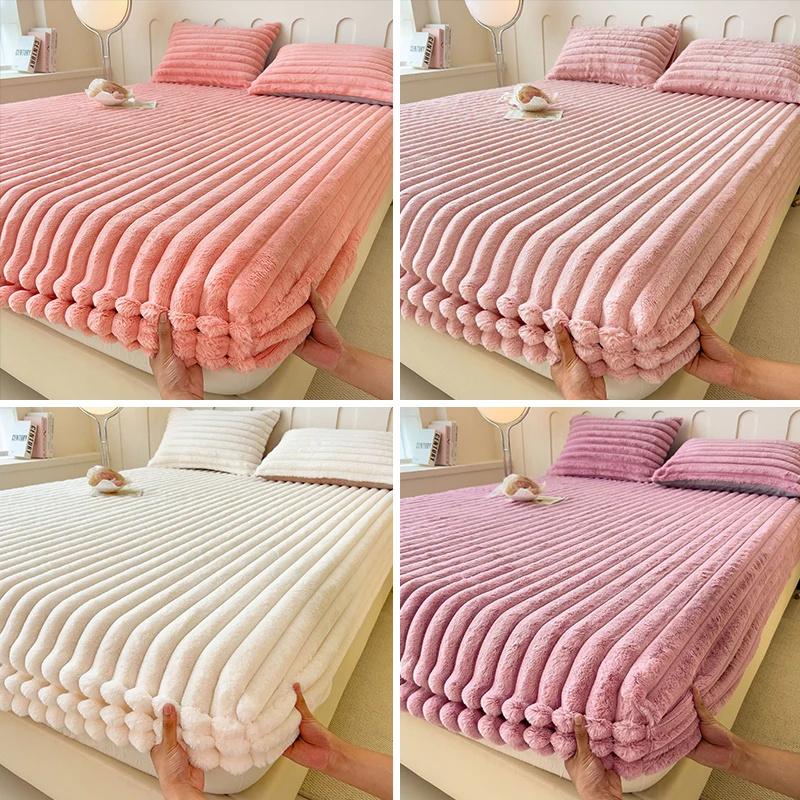 3шт/1 комплект простыни из плюша и бархата на резинке (1xПростыня+2xНаволочки)Толстая простыня на резинке, защитный чехол для матраса, зимняя толстая простыня из кроличьего флиса