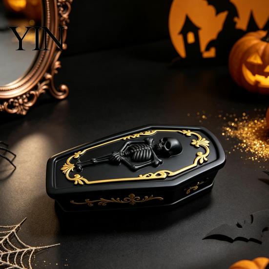 Halloween Atmosphere Prop Gothic Skull Casket Jewelry Box, Resin Spooky Storage Figurine for Desktop Sundries Organizer Rings, Dark Tabletop