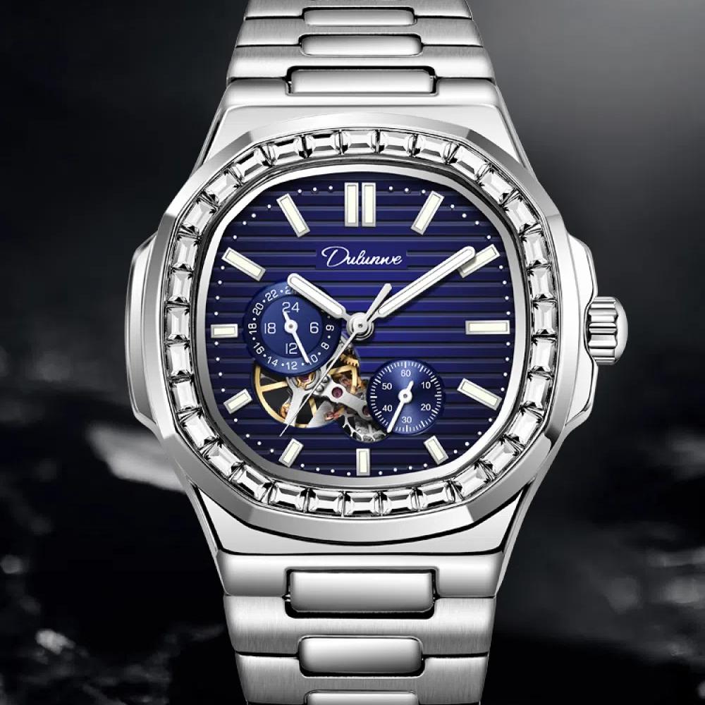Dulunwe Часы мужские наручные с автоматическим механизмом и бриллиантами из циркония, небесно-голубые, многофункциональные, водонепроницаемые, роскошные