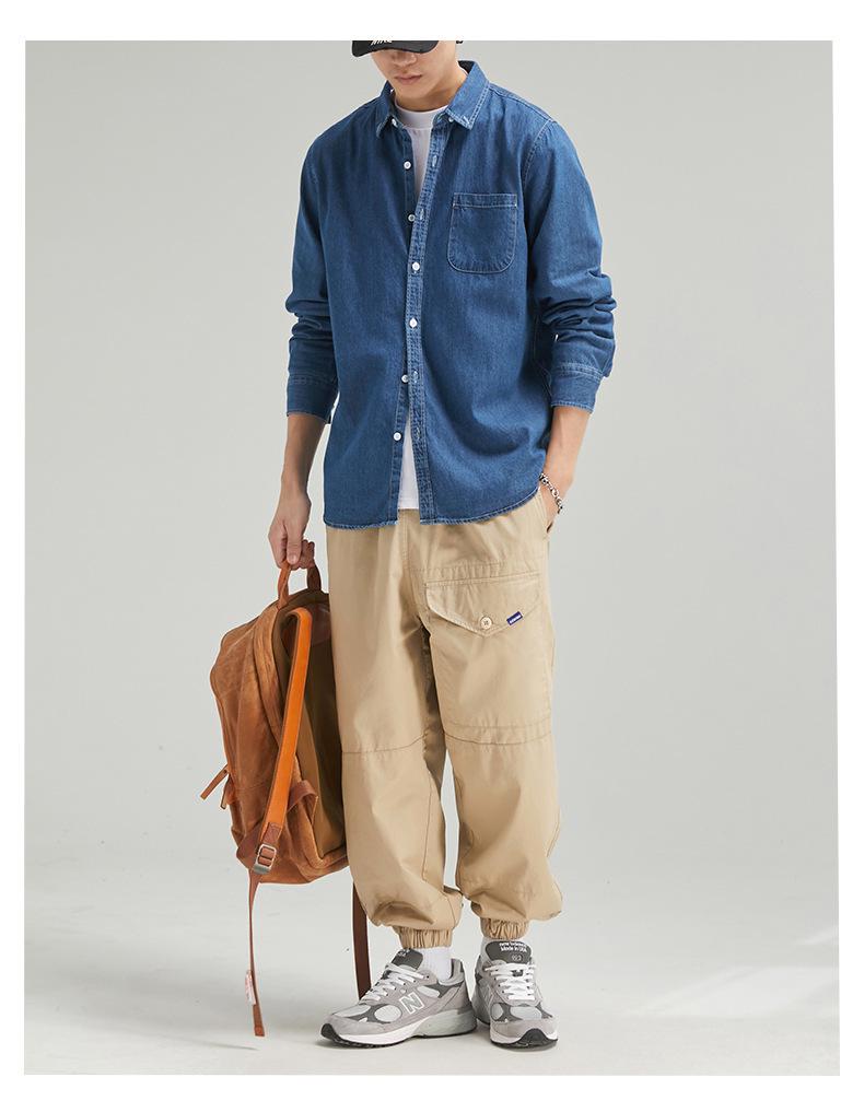 Мужская рубашка из стираного денима в стиле ретро с длинным рукавом - весенняя повседневная однотонная рубашка с тонкими лацканами