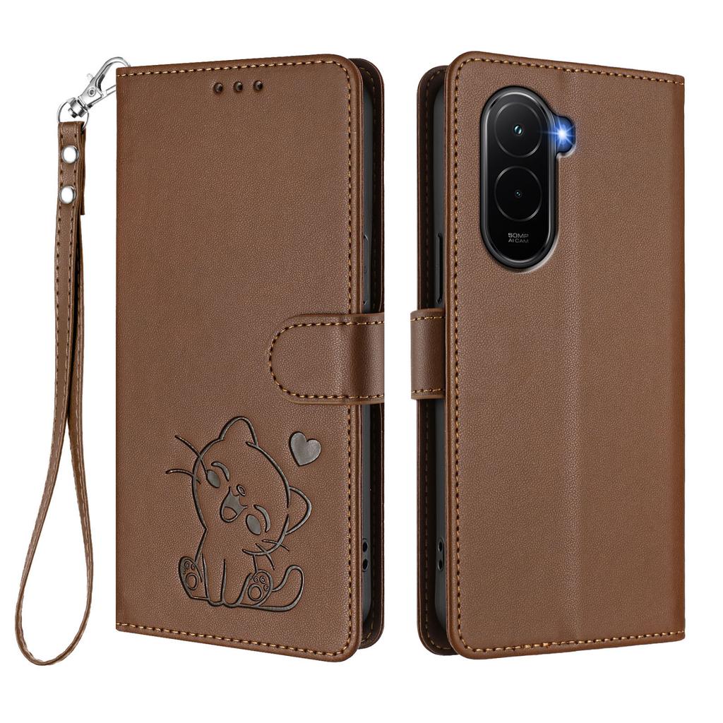 For Xiaomi Poco M7 Plus 5G/M7 4G (169mm) Wallet Case with Wrist Strap Love Cat Pattern Imprint Leather Phone Cover