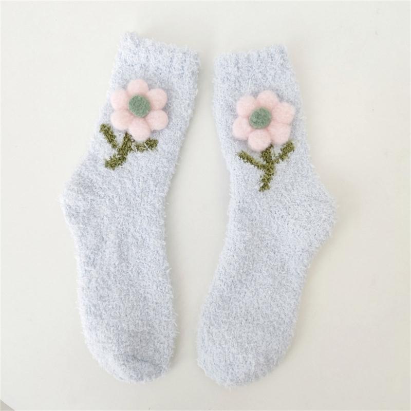 Японские Женские Девочки Милые Коралловые Флисовые Носки-Тапочки 3D Плюшевый Цветок Утолщенные Теплые Термо-Пушистые Носки для Пола Сна